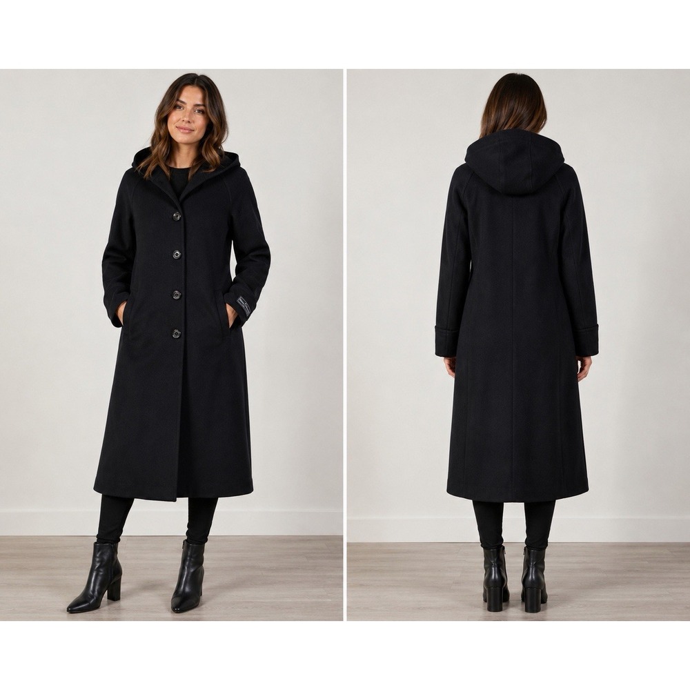 Forecaster of Boston Vintage Women's Wool Cashmere Coat 14 Black Hooded Overcoat